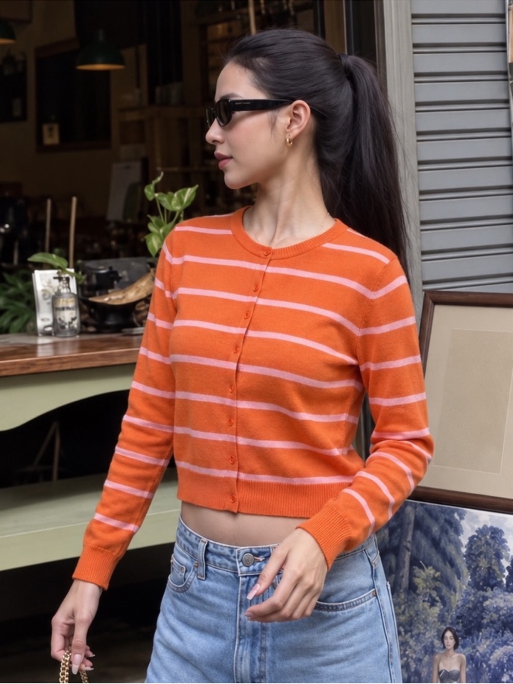 Zara Stripe Crewneck Cardigan Large